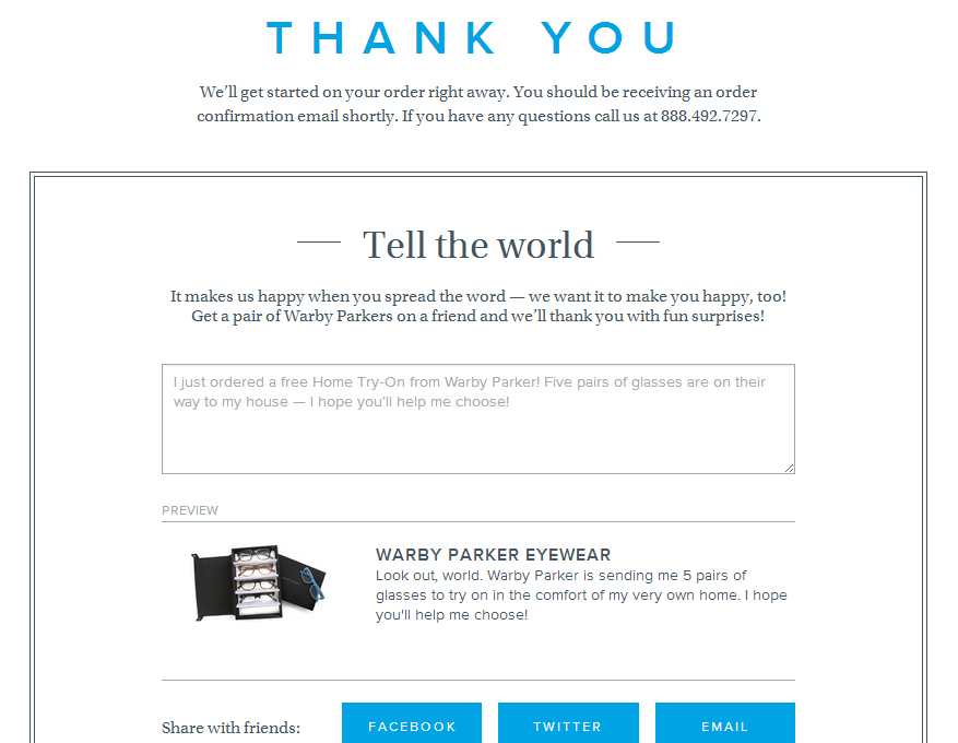 warby parker thank you page example